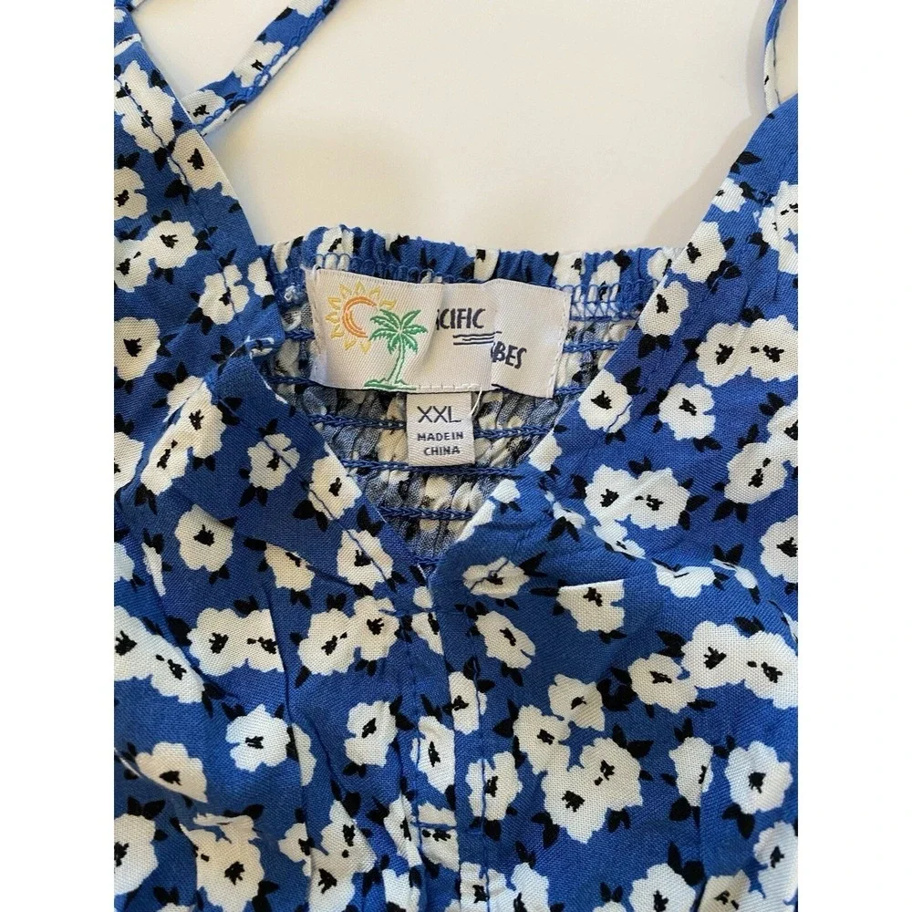 Beach Pacific Vibes Blue White Floral‎ Print NWT XXL VNeck High Low Maxi Dress